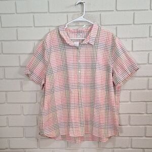 L.L. Bean Pink and Green Checkered Pullover Top. Size 3X NWT